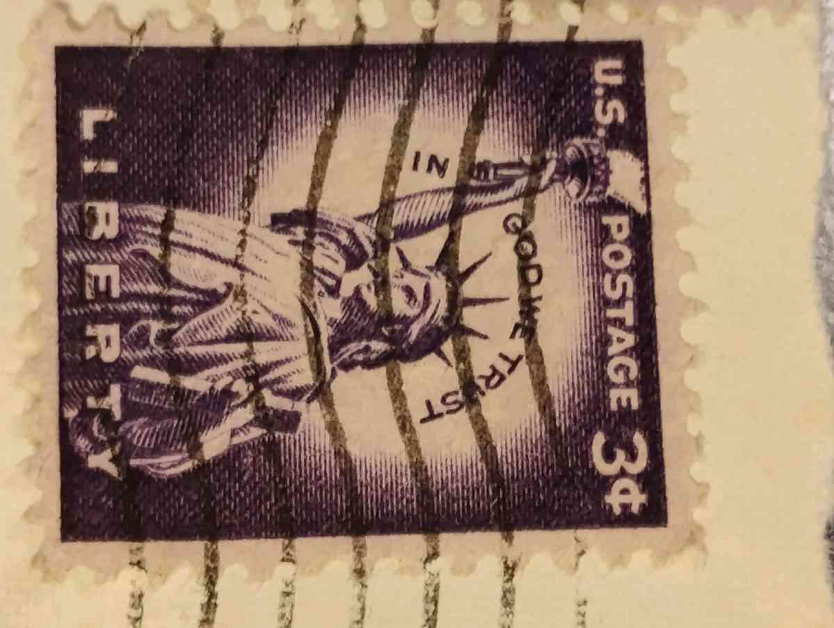 1954 Purple Liberty 3 Cent Stamps postmarked - Irving, Texas - FleaMarketBay