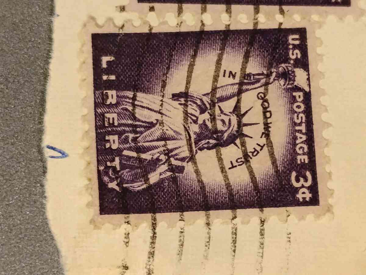 1954 Purple Liberty 3 Cent Stamps postmarked - Irving, Texas - FleaMarketBay