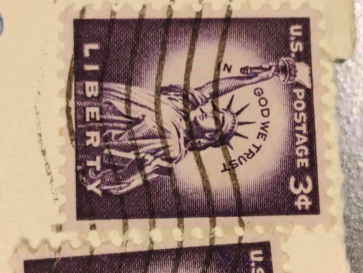 1954 Purple Liberty 3 Cent Stamps postmarked - Irving, Texas - FleaMarketBay