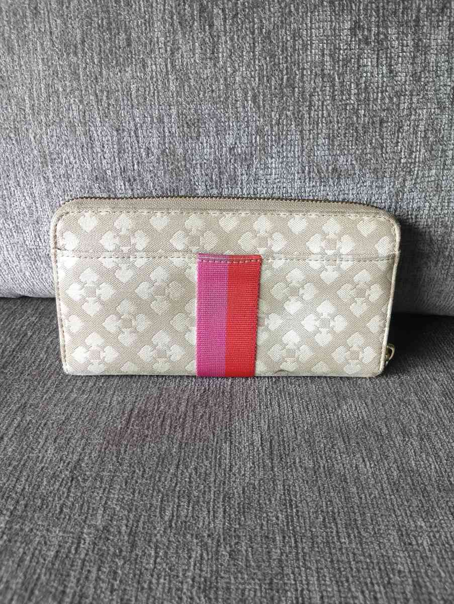 Kate Spade New York Gray Brown Canvas Striped Zip Around Cre