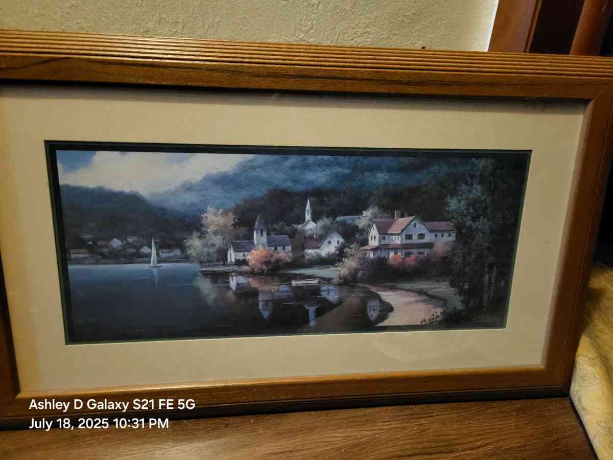 1997 painting of a lake town 16x12 inches framed art lakevib