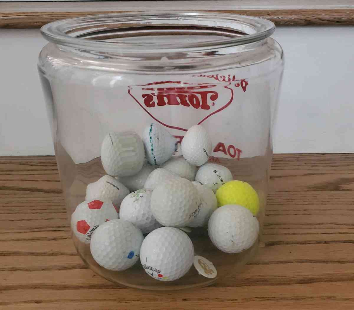 Used Golf Balls 16 Ea  Ball Markers 4 Ea With Glass Storage