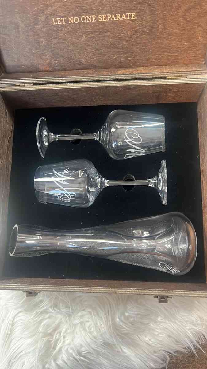 Set of custom Mr and Mrs wine glasses and a wine flute all e