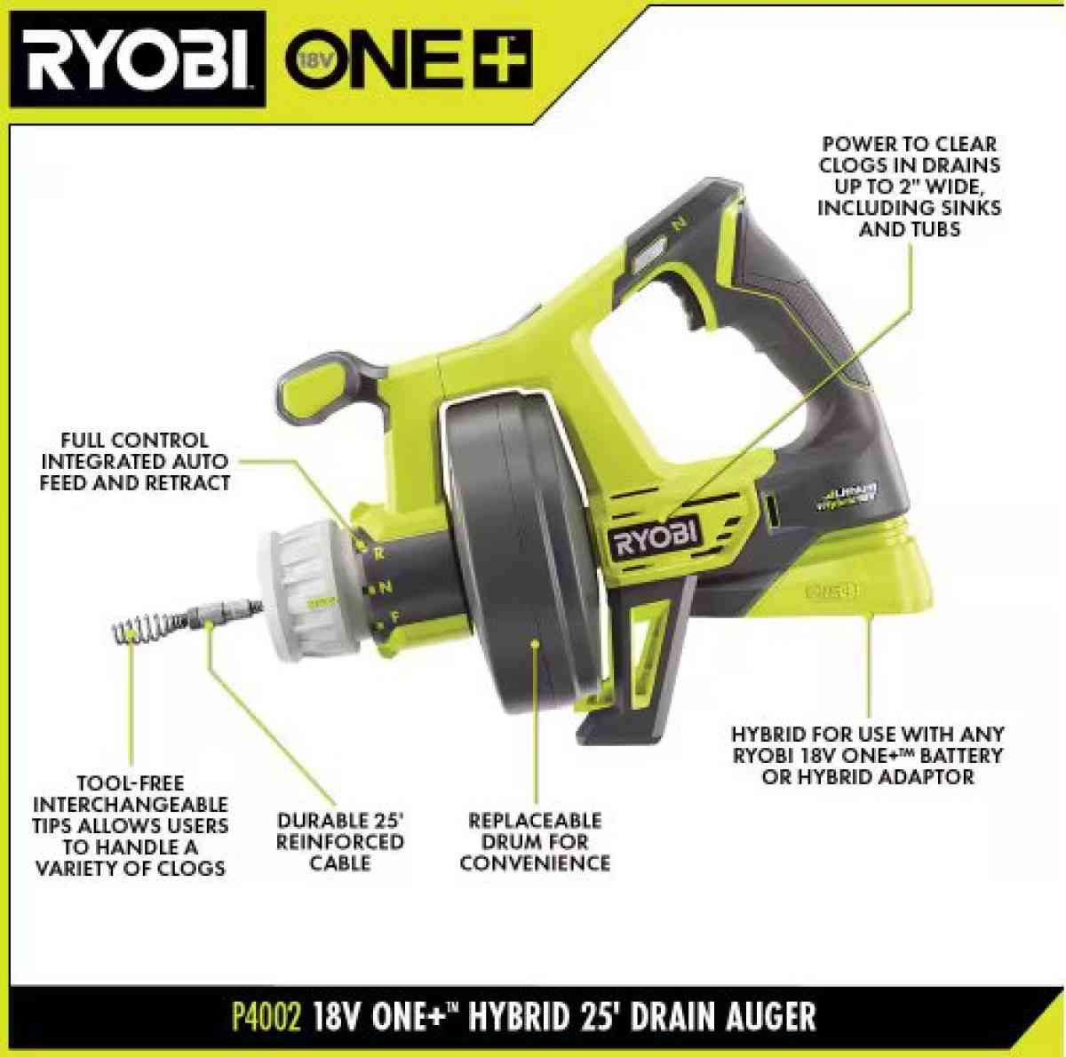 RYOBI ONE 18V HYBRID DRAIN AUGER TOOL ONLY
