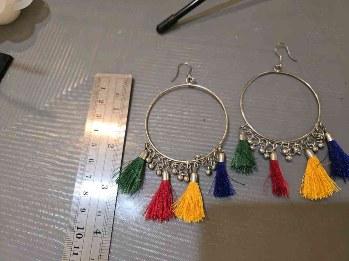 Colourful tassel earrings with silver hoops festivalvibes