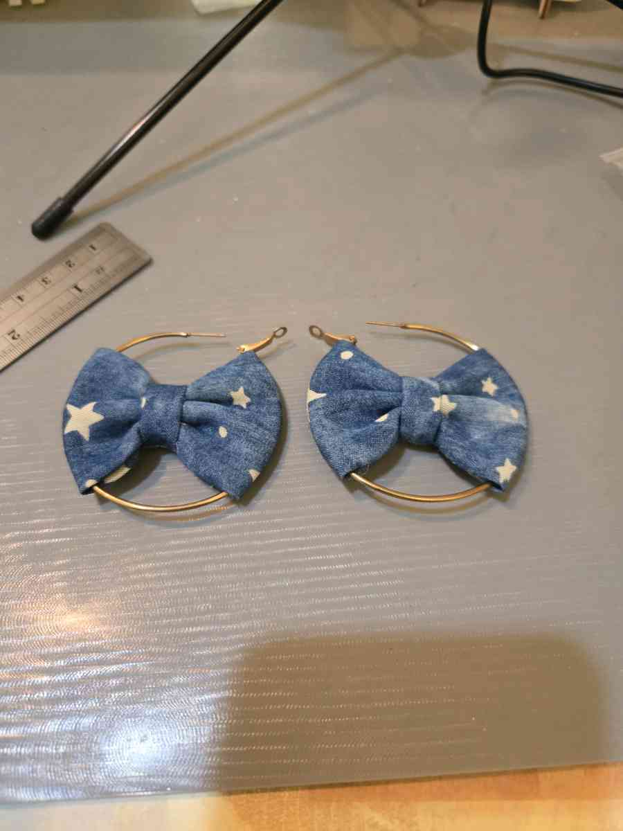 Blue and white bow denim style hoop earrings kawaii cutejewe