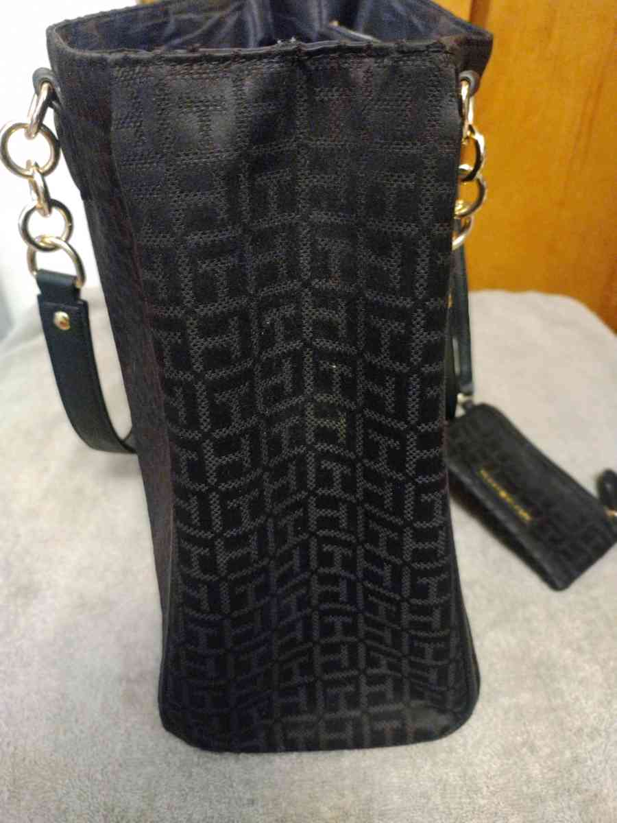 TOMMY HILFIGER Signature Black Canvas Faux Leather Shoulder