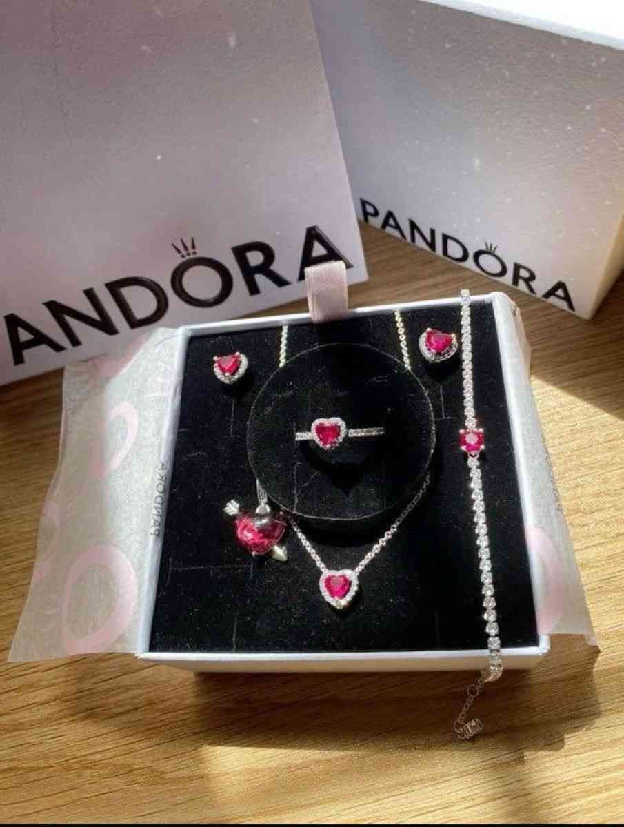 Pandora Red Heart Necklace Matching Ring Set