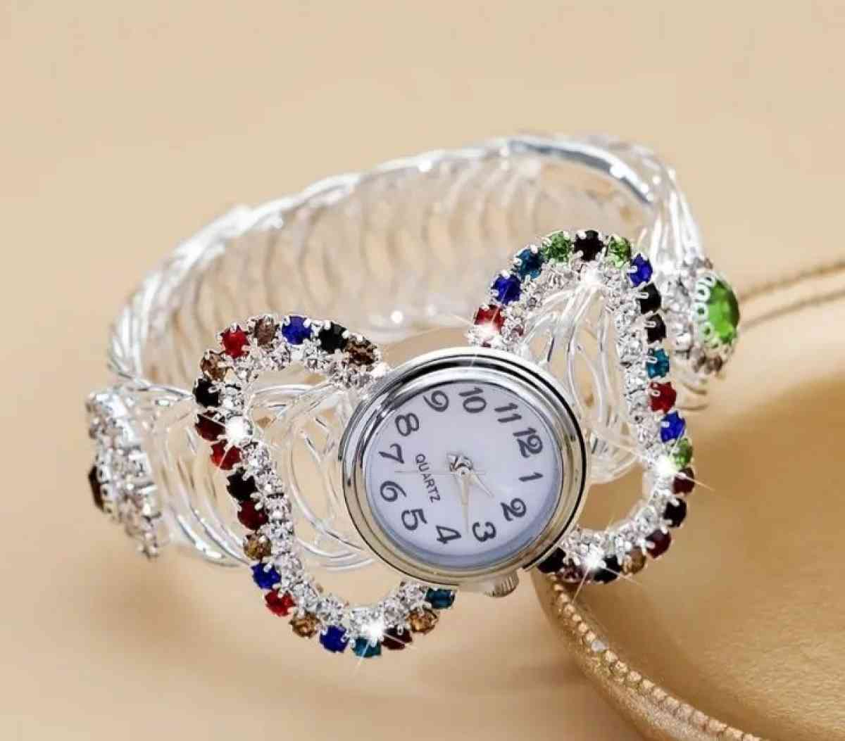Boho Round Quartz Watches Colorful Rhinestone Stretch Bangle