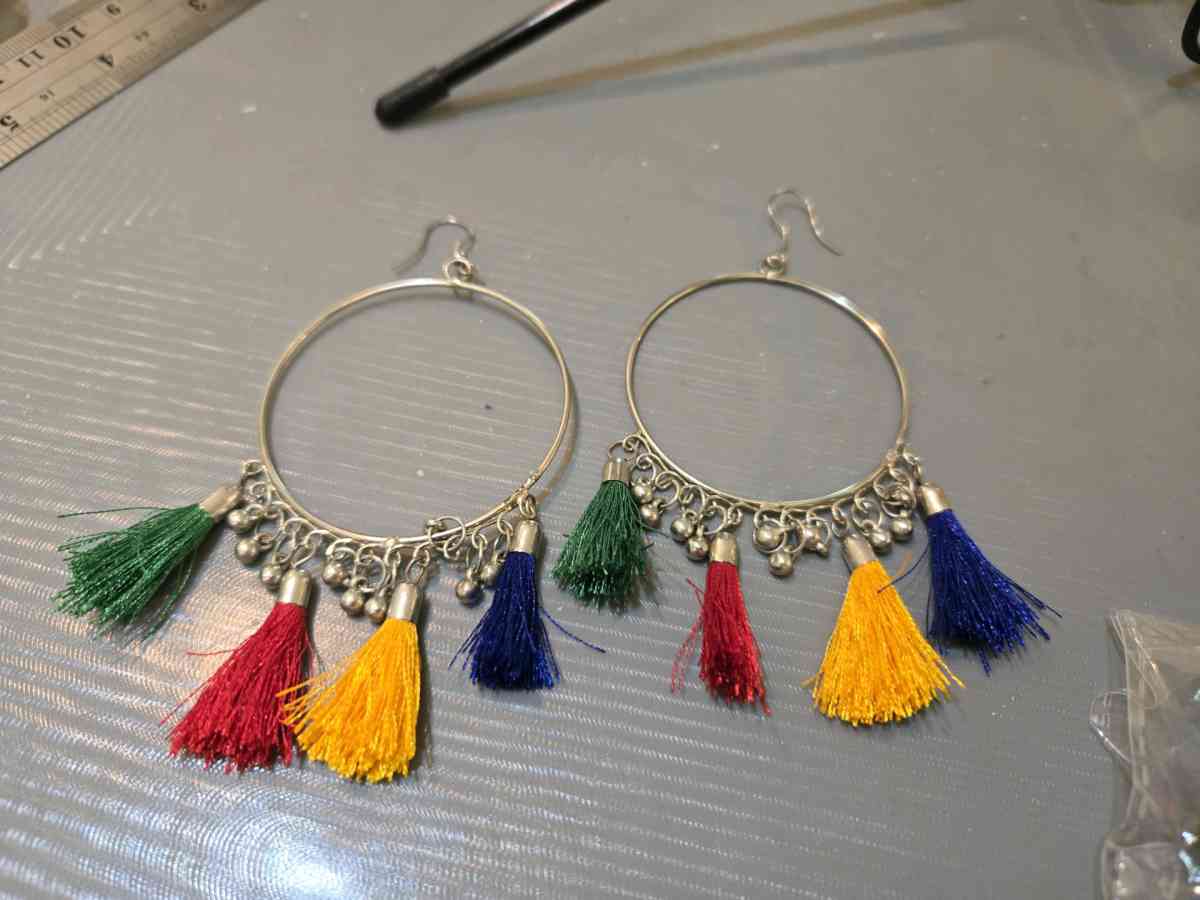 Colourful tassel earrings with silver hoops festivalvibes