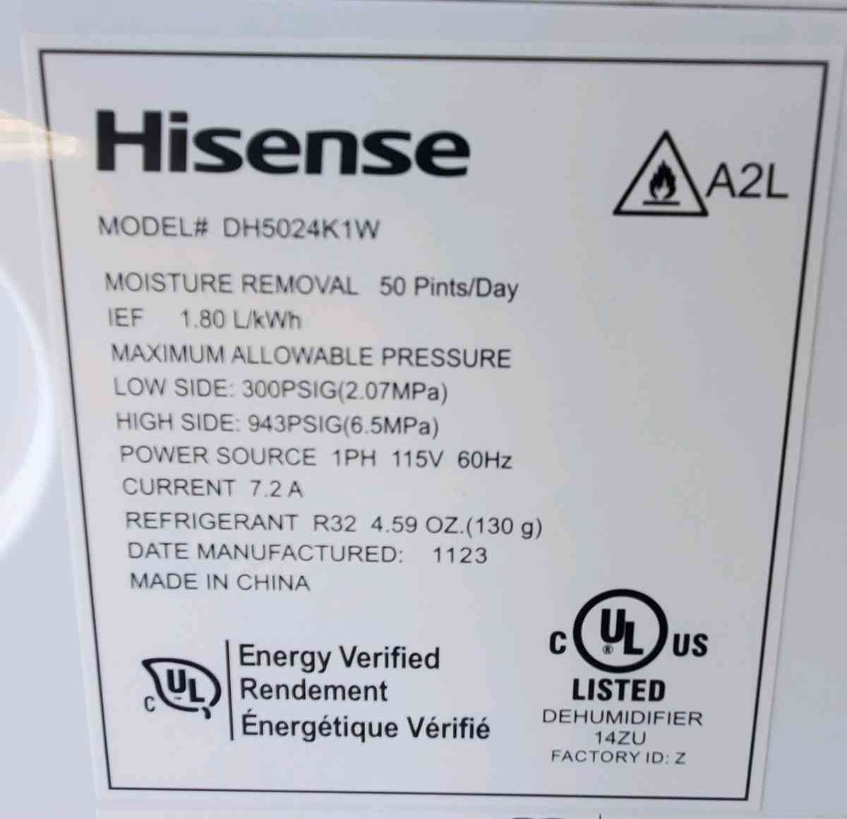 Hisense  Dehumidifier  19 Gallon  50 PintsDay  2 Speed  Ener