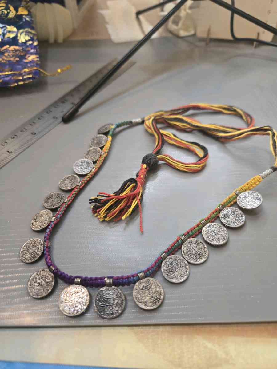 Multicoloured silver coin necklace with tassel festivalvibes