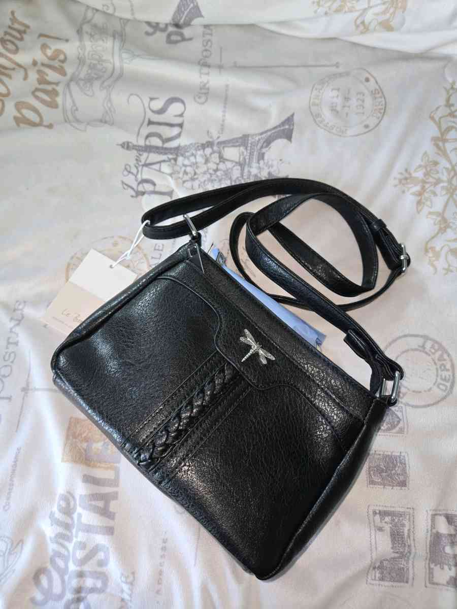 Le Bug Black Faux leather purse w dragonfly
