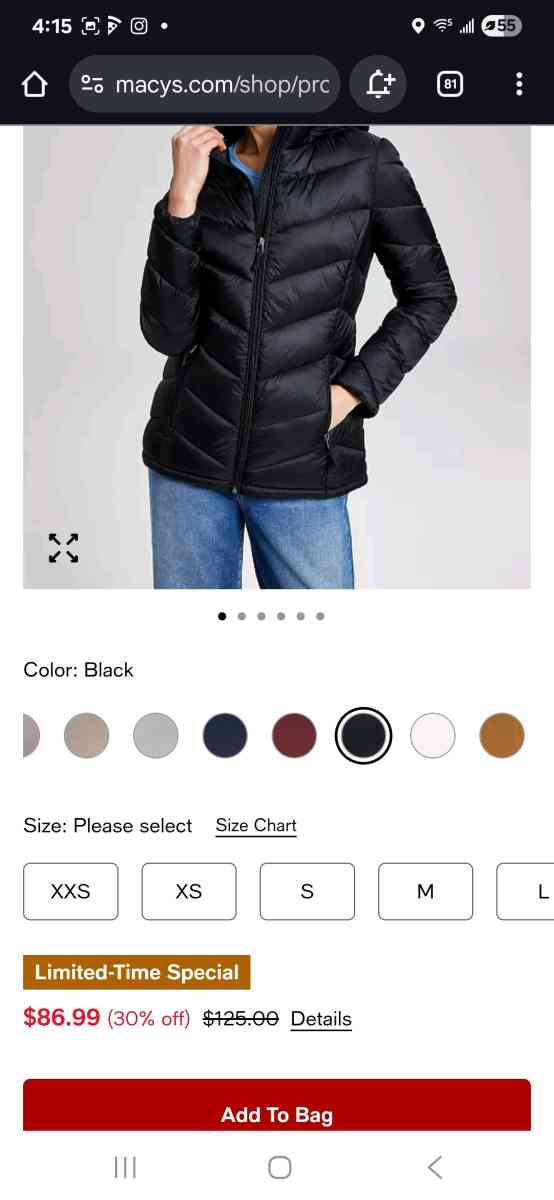 Charter Club Womens hooded puffer coat