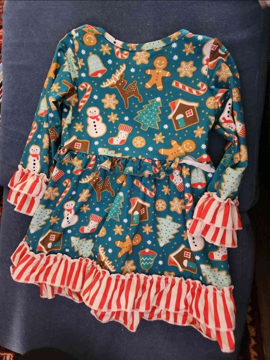 Girl Christmas dress with red and white stripe trim