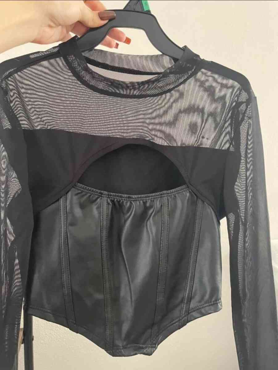 Black Sheer Long Sleeve Corset Top