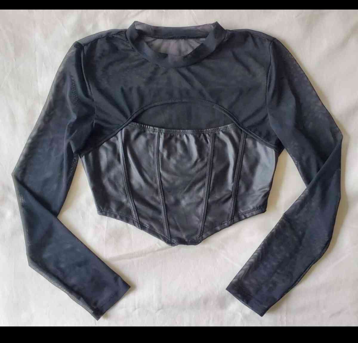 Black Sheer Long Sleeve Corset Top