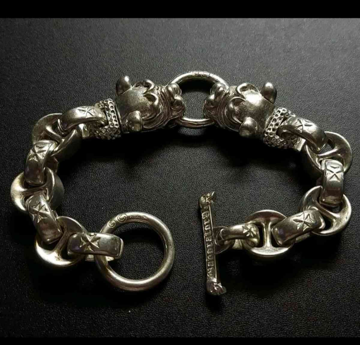 OLD HANDMADE MIAO TIBETAN TWO HEAD DOG BRACELET STAMPS S925