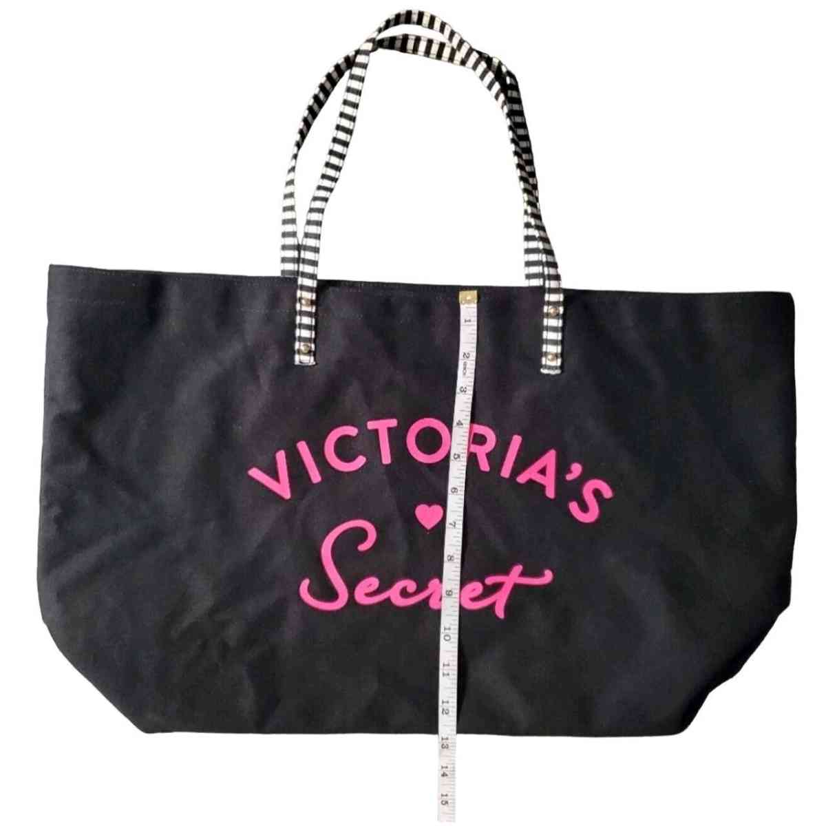 Victorias Secret Black Canvas Tote Bag With Striped Handles