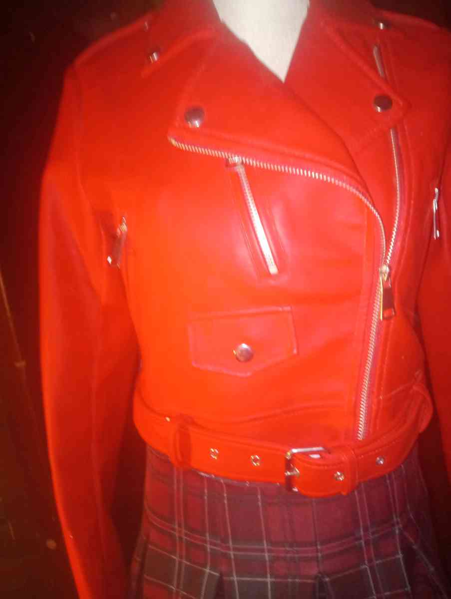 Rue 31 Womens Red Faux Leather Jacket with Zipoers Size LG