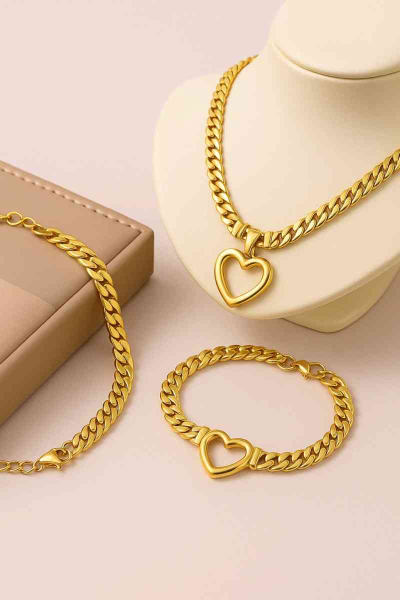 Gold Heart Cuban Chain Set  Necklace  Bracelet  Waterproof