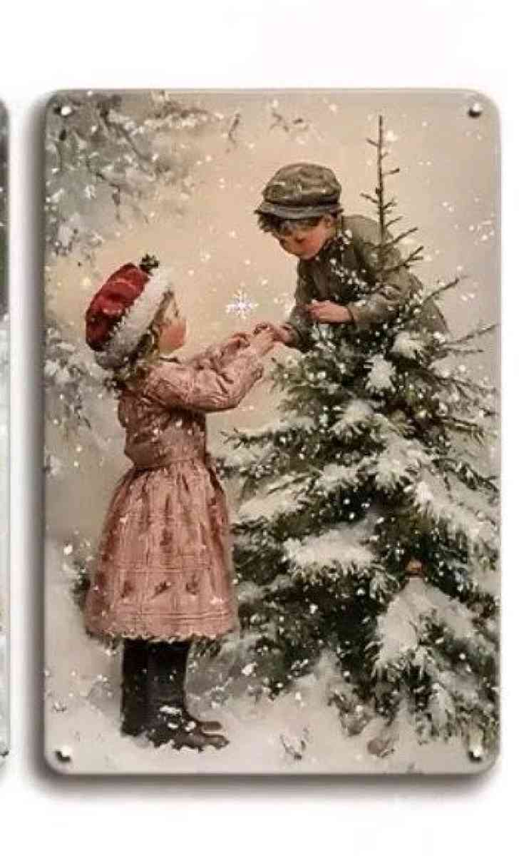 Vintage Kids and Christmas Tree Metal Wall Decor
