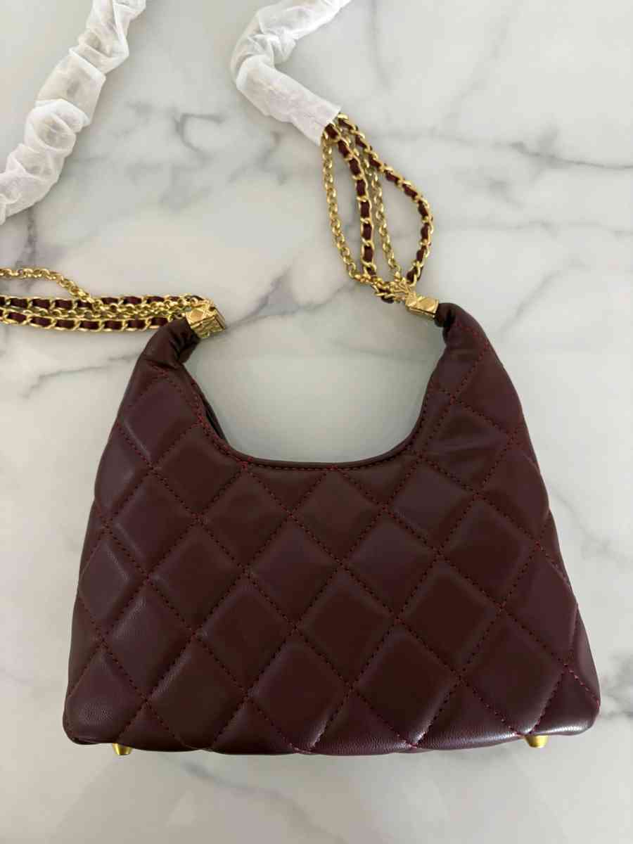 Burgundy Quilted Hobo Bag with Gold Chain  Small Luxe Should