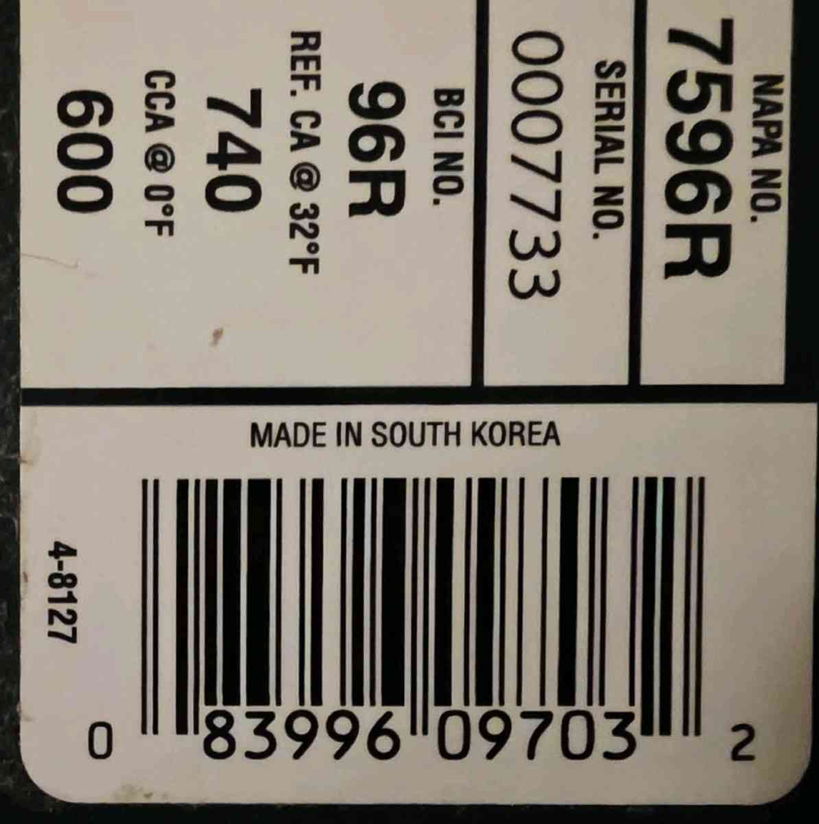 NAPA Car Battery BCI No 96R 600A