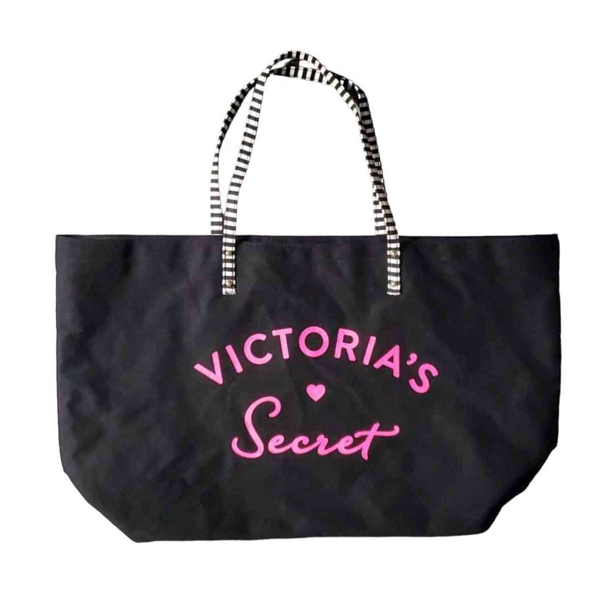 Victorias Secret Black Canvas Tote Bag With Striped Handles
