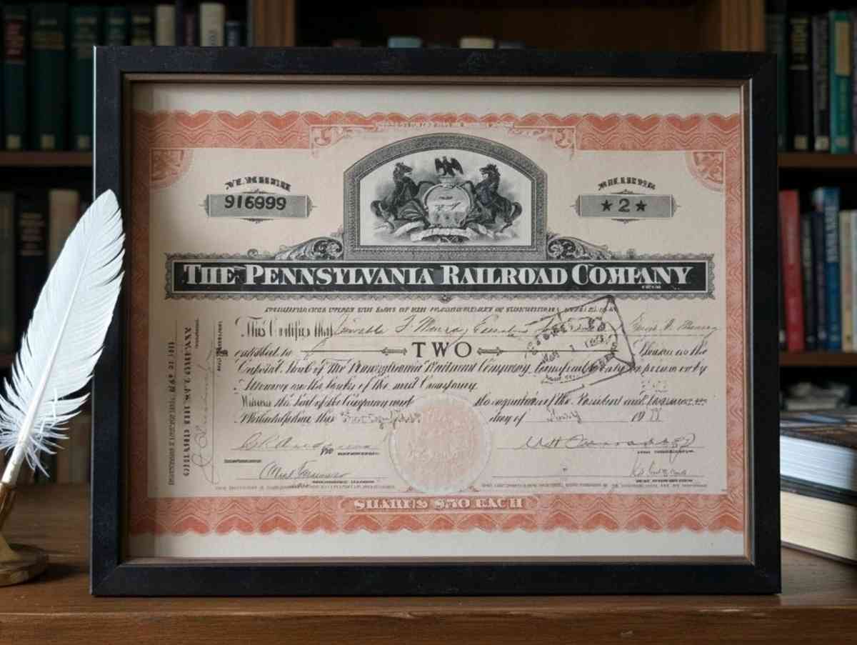 Framed Vintage Pennsylvania Railroad Company Stock Certifica