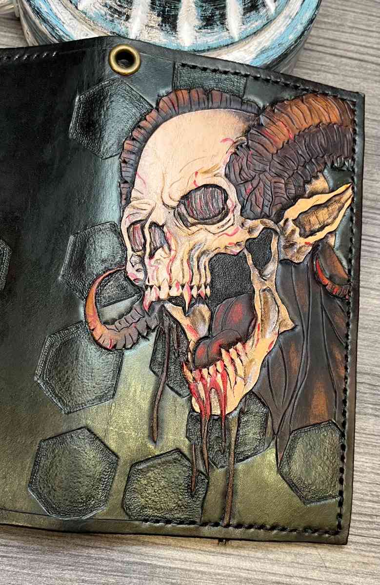 new tooled leather demon with horns bifold wallet - Pineville, Louisiana - FleaMarketBay