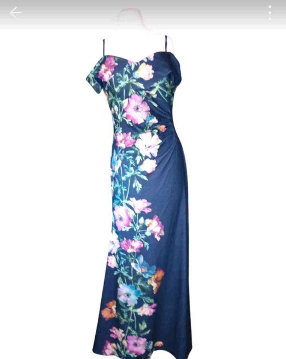 Womens Navy off The Shoulder Evening GownFloral Accent SZ 8
