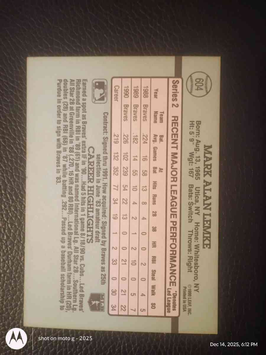 Mark Lemke Baseball Card