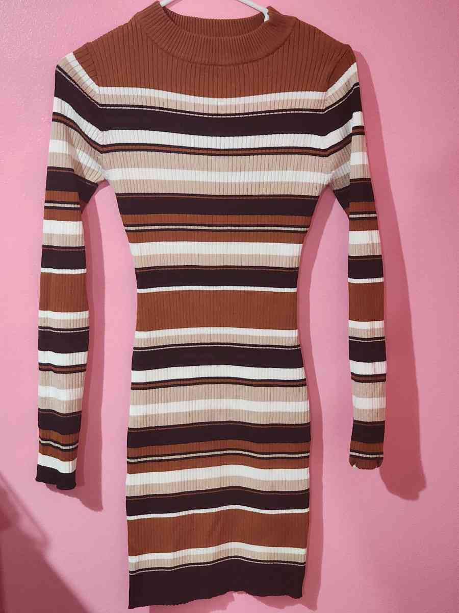 Womens Brown Striped Bodycon Sweater Dress  Long Sleeve