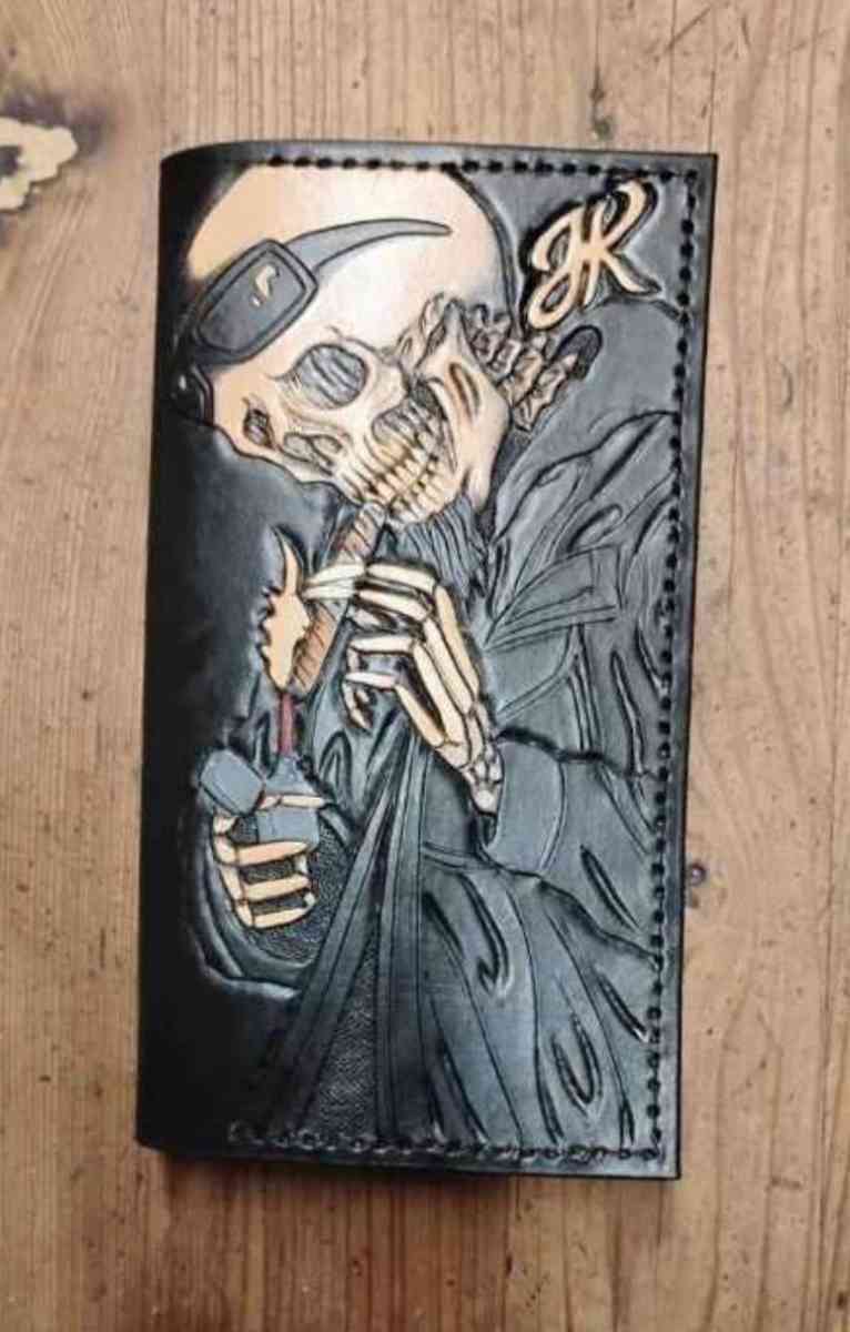 New tooled leather skeleton biker smoking a cigar bifold wal