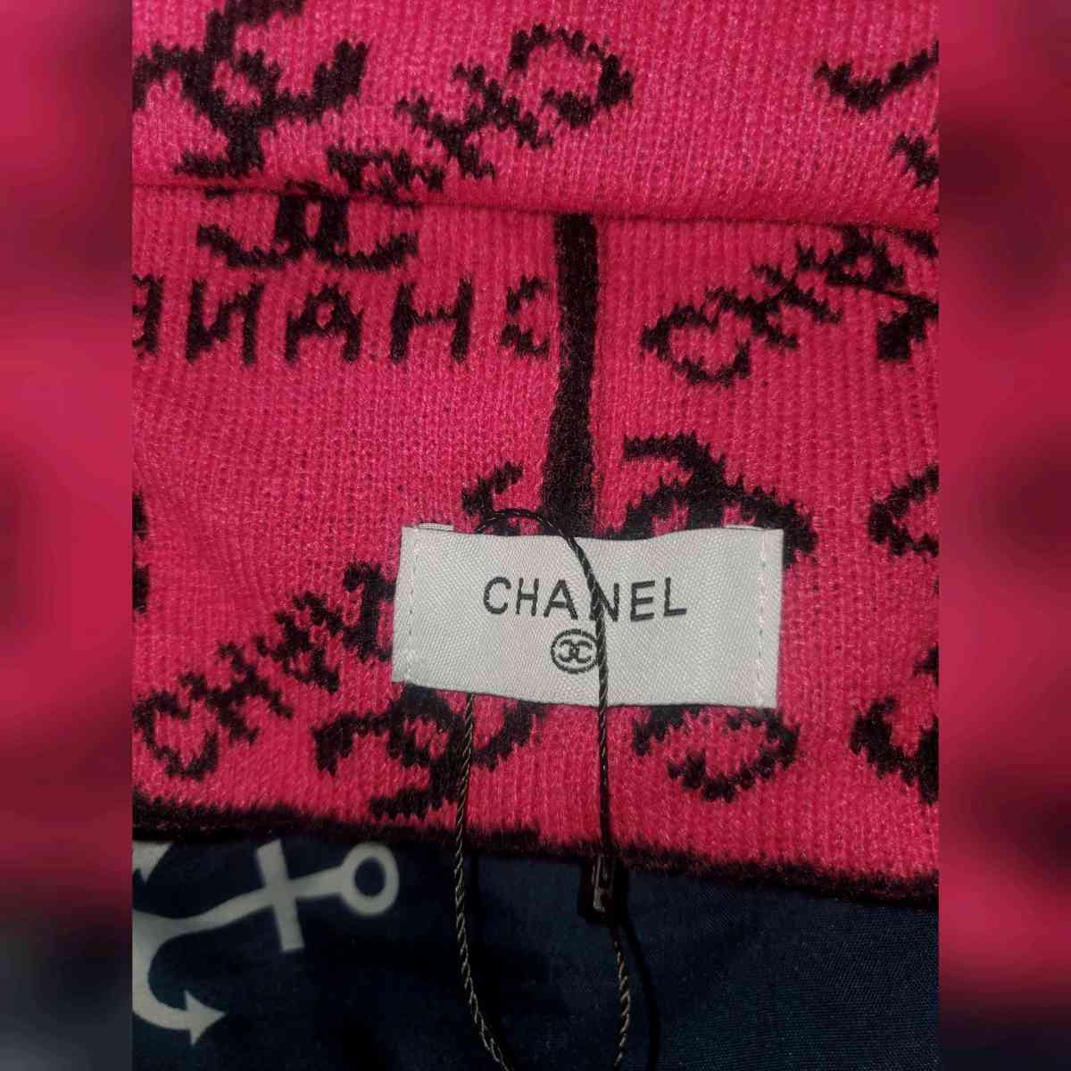 CHANEL Black and Pink Logo Beanie