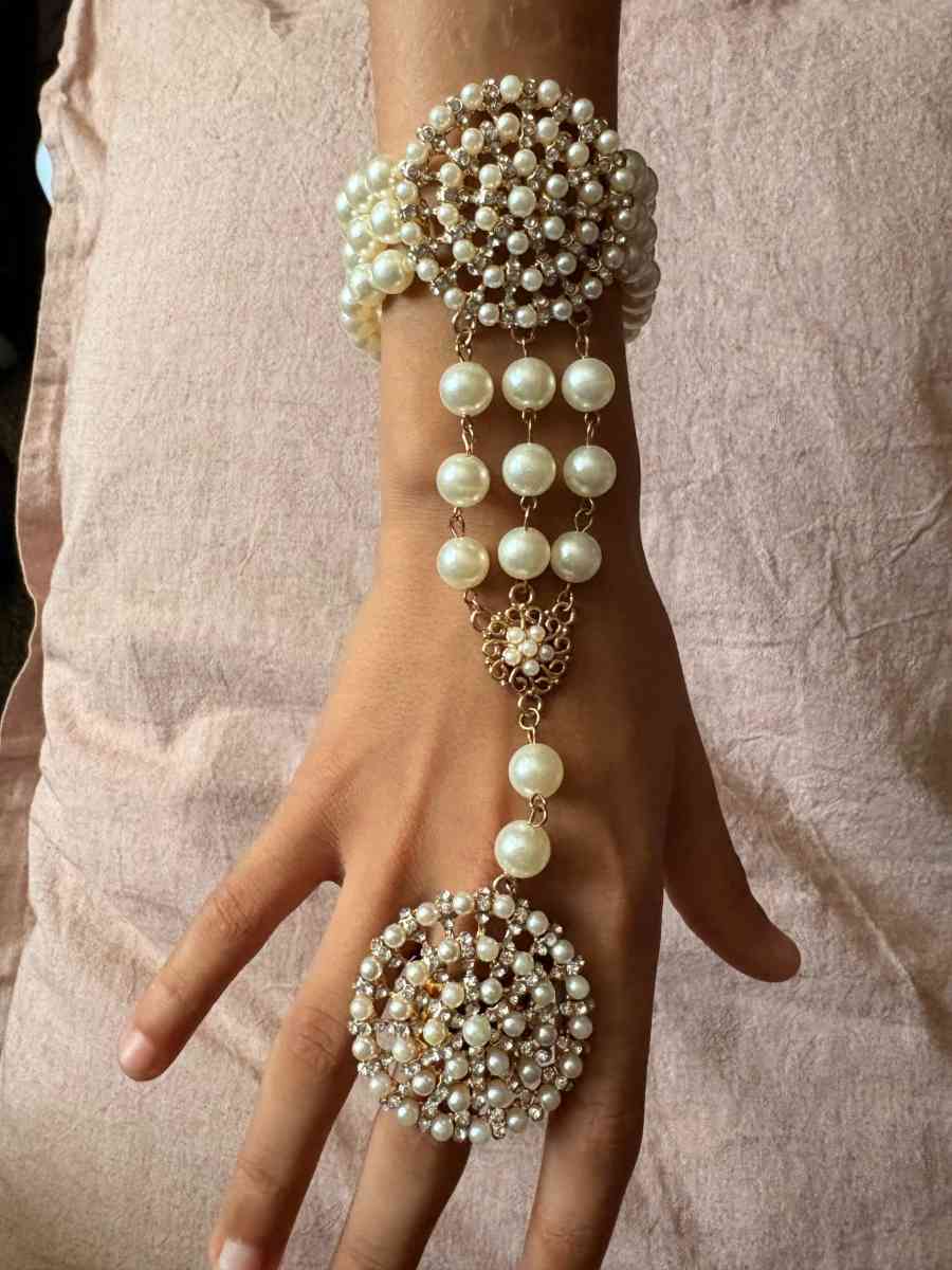 pearl and crystal hand chain bracelet