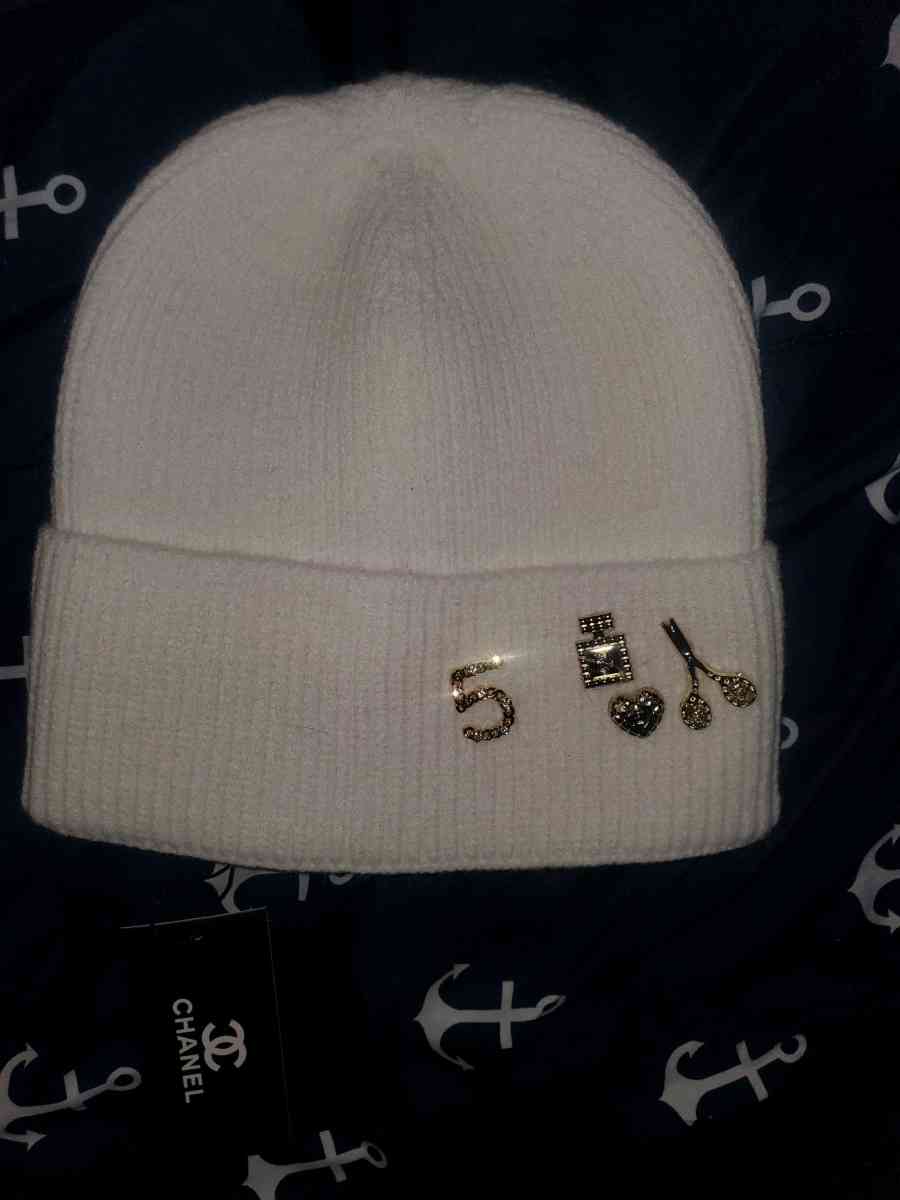 CHANEL White Beanie With Gold Emblems