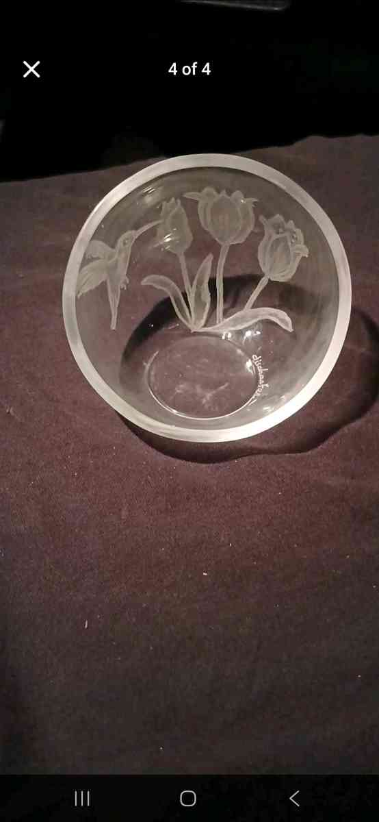teleflora glass bowl with frosted etched tulips signed