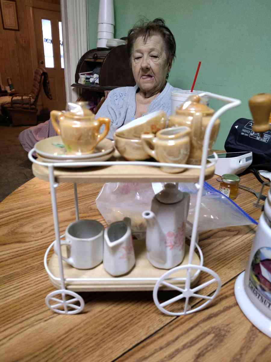 tea time teacart coffee grinder 2 tea pots and a musical jar