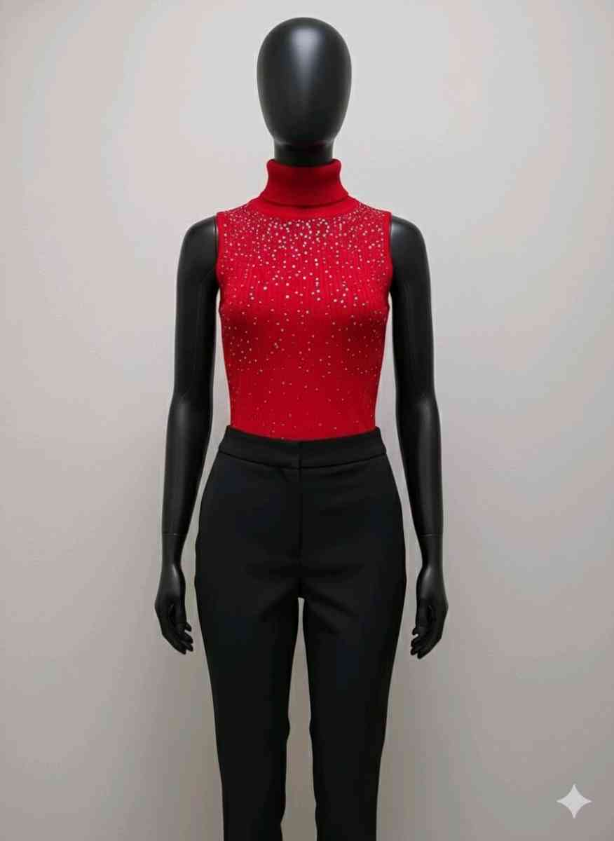 Elegant Red Ribbed Knit Turtleneck with Sparkly Crystals