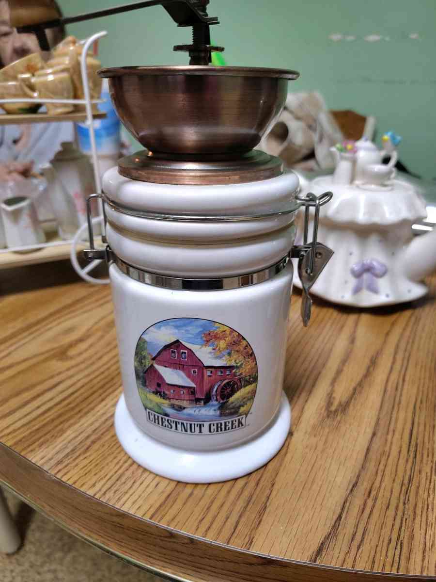 tea time teacart coffee grinder 2 tea pots and a musical jar