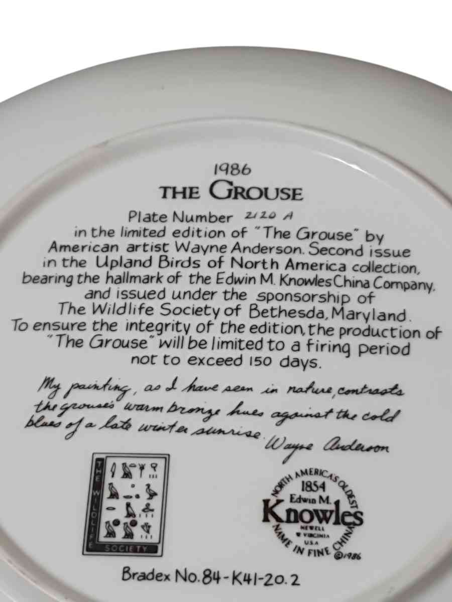 Bradford Exchange Collectors Plate  The Grouse 1986
