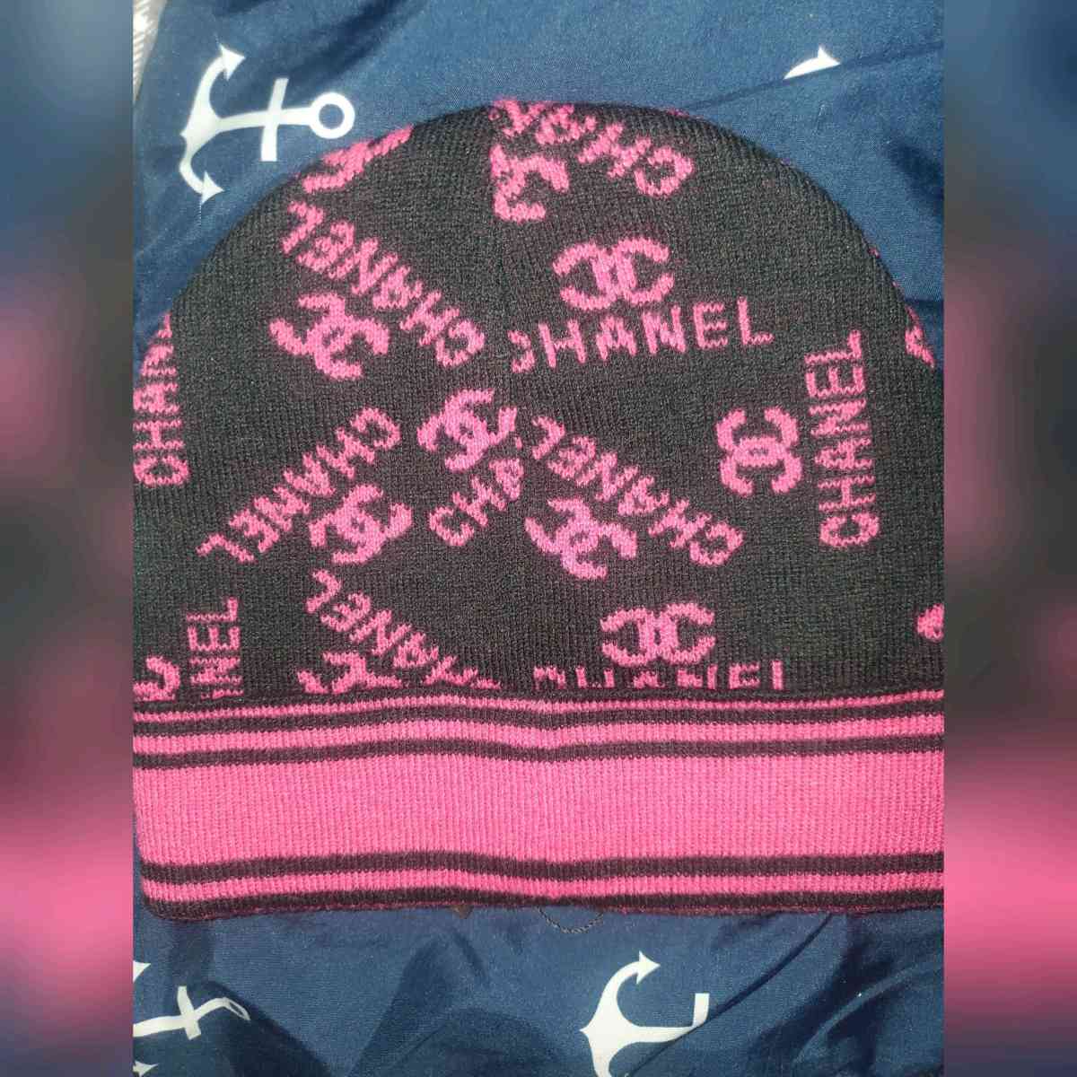CHANEL Black and Pink Logo Beanie