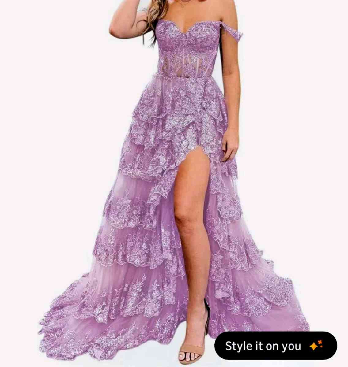 LONG LACE PROM DRESS WITH SLIT OFF THE SHOULDER LILAC COLOR