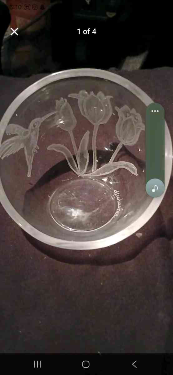 teleflora glass bowl with frosted etched tulips signed