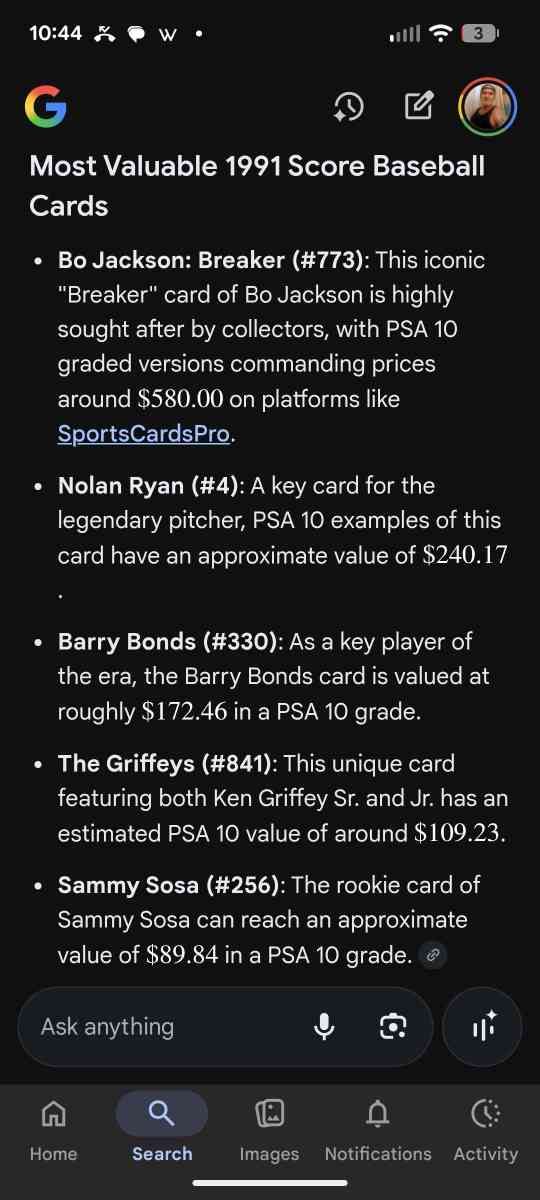 Sheet of 9 most valuable cards in set  Bo Jackson Breaker