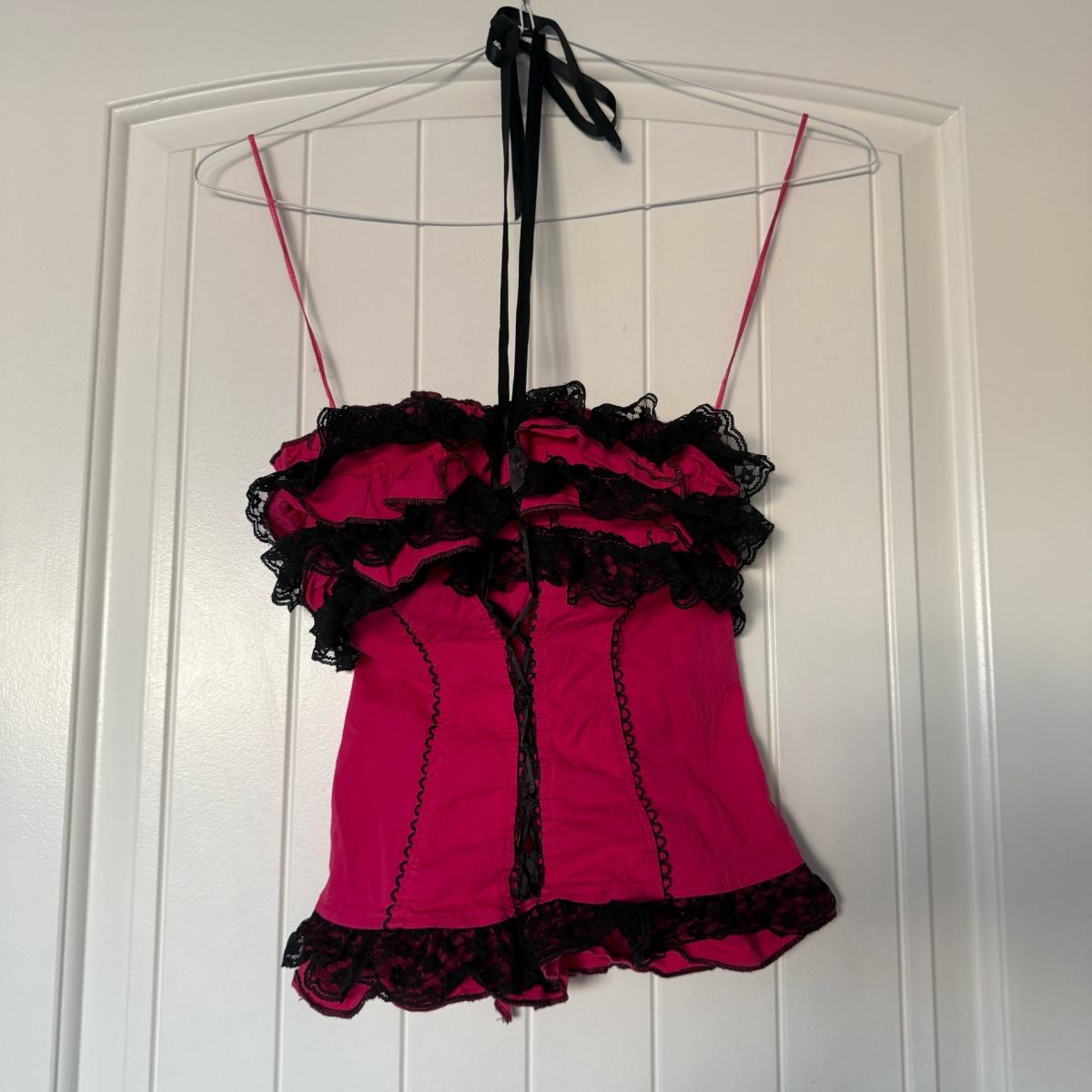 Strapless Hot Pink  Black Lace Ruffled Bustier Top  Padded