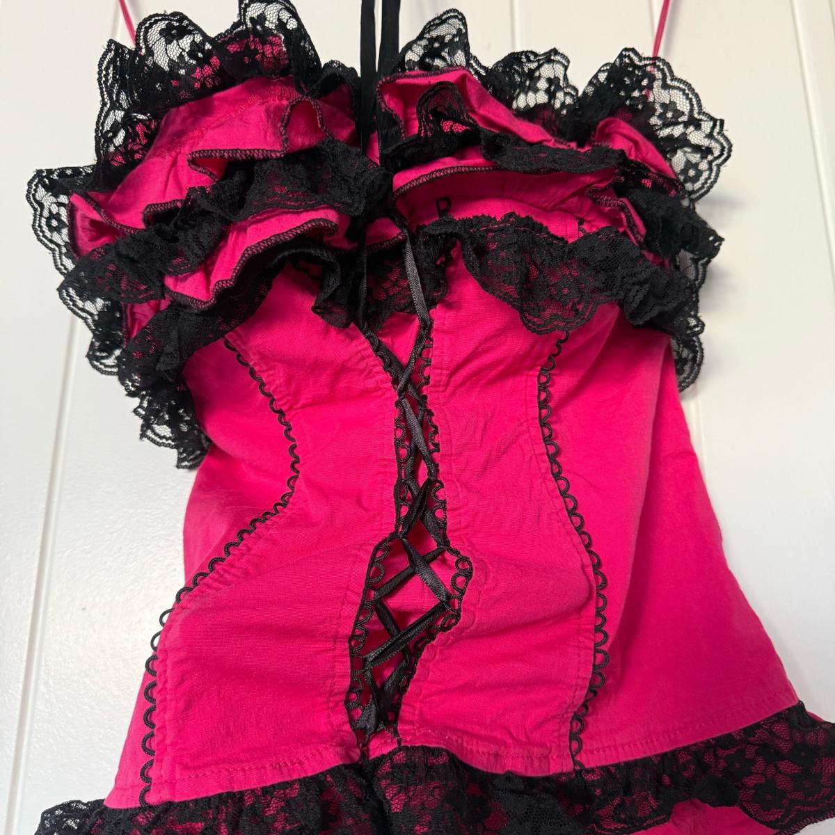 Strapless Hot Pink  Black Lace Ruffled Bustier Top  Padded
