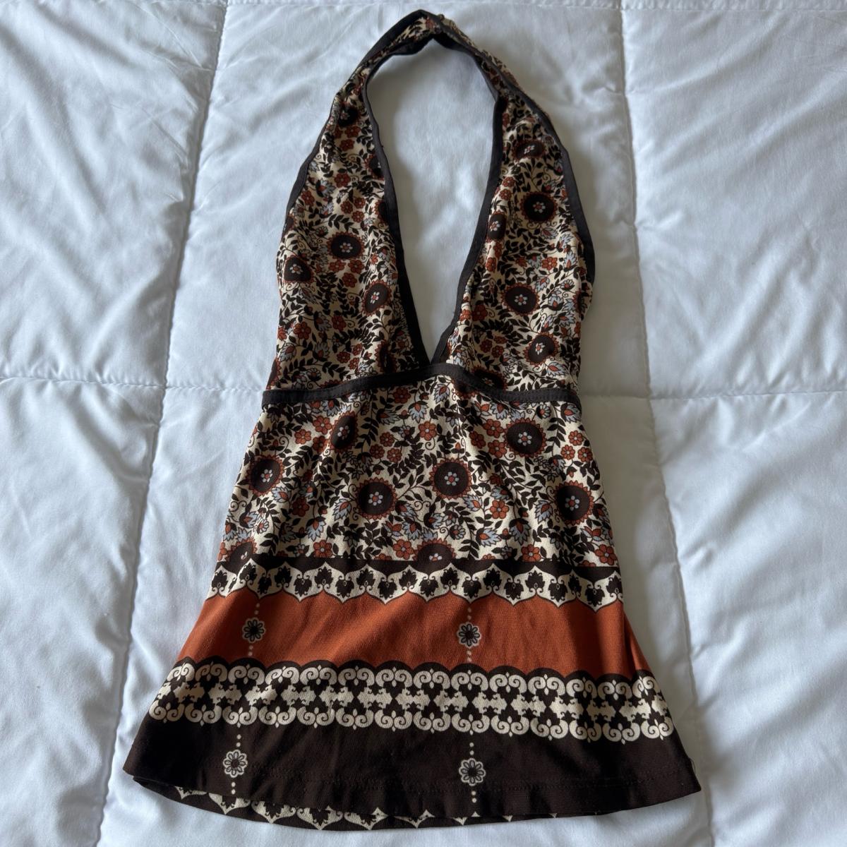 Vintage Boho Floral Halter Top  Deep V Neck Empire Waist Bro - Los Angeles, California